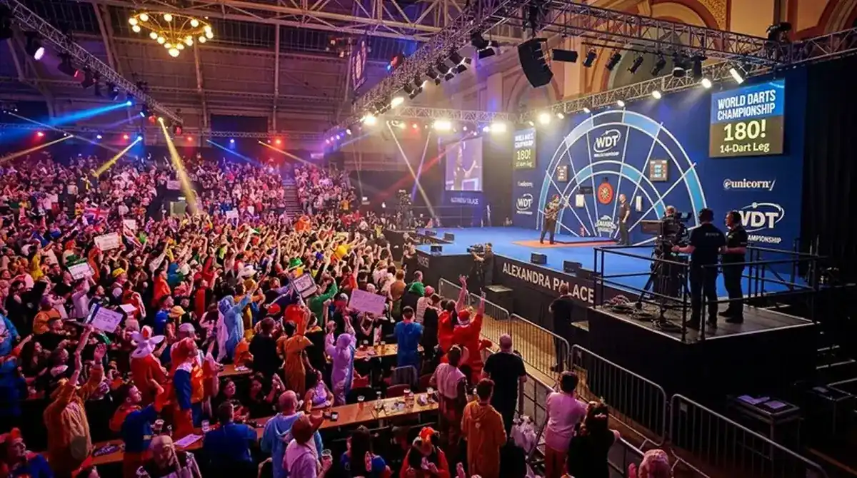 Ally Pally Innenansicht mit Darts-Bühne und Zuschauern