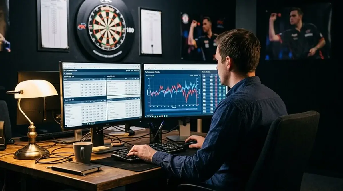 Trader analysiert Darts-Quoten am Bildschirm