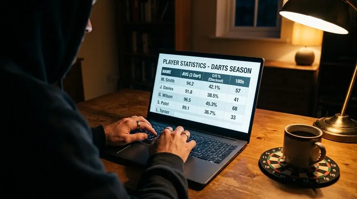 Darts-Statistiken auf dem Laptop für datenbasierte Wettanalyse