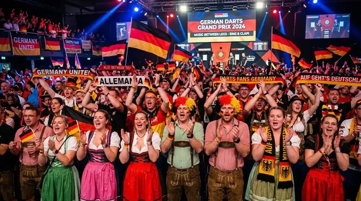 Begeisterte deutsche Darts-Fans bei einem PDC-Event